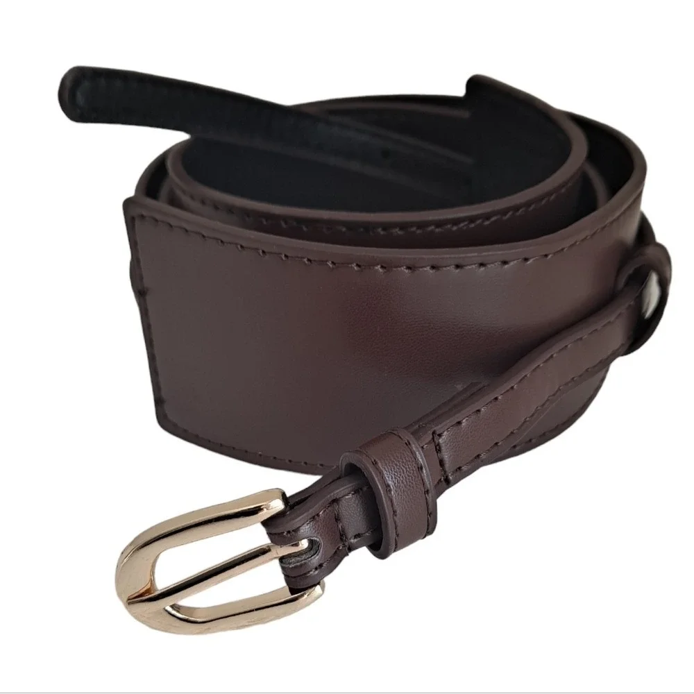 Western Brown Faux Leather wide waist Belt Boho Corset Gold buckle statement